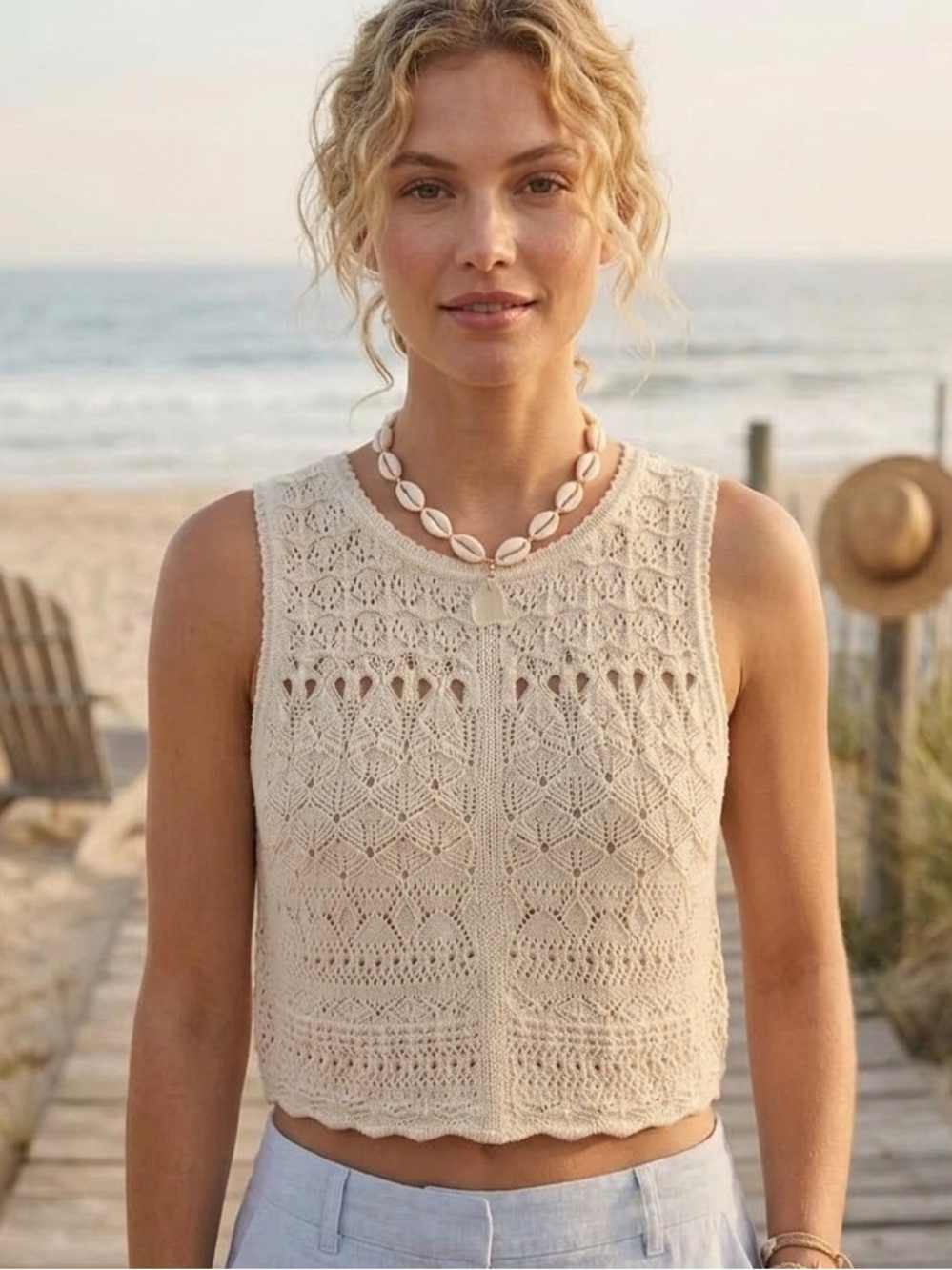 Organic Cotton ✨Crochet Button-Back ✨Crop Tank Top in Cream✨ - Picture 3 of 15